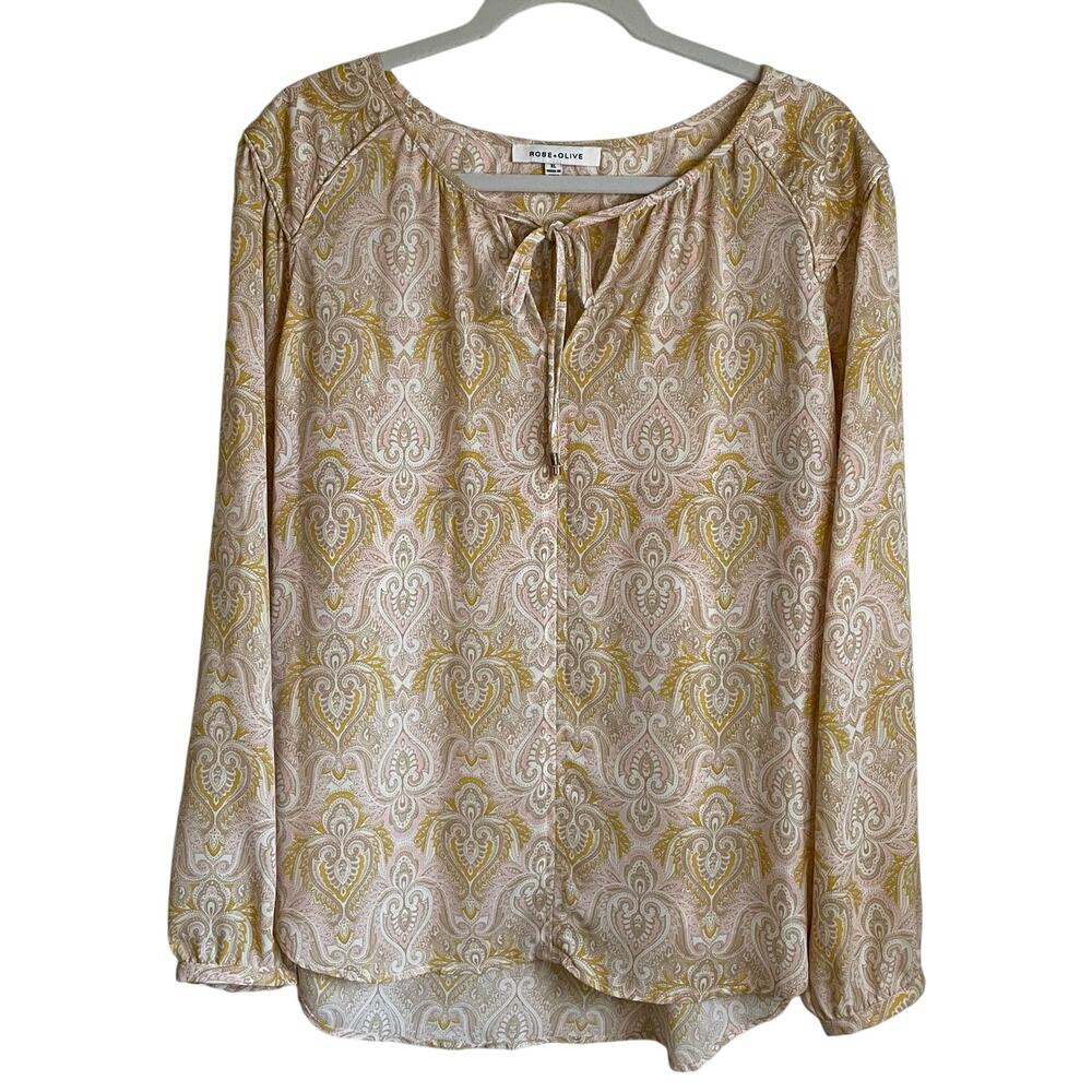 Rose + Olive Blouse Top Tie Neck Sz XL Pastel Paisley Long Sleeves Boho Casual